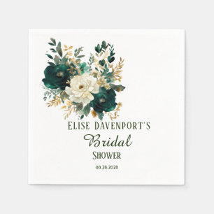 Serviette En Papier Mariage Emerald Green et White Gold Peonies
