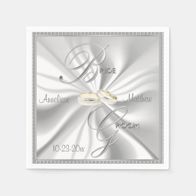 Serviette En Papier Mariage en argent et en satin blanc (Devant)