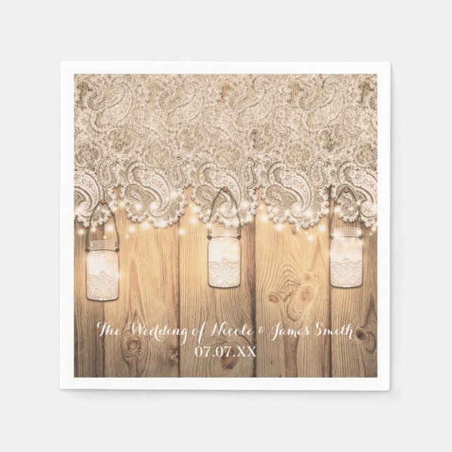 Serviette En Papier Mariage en bois rustique avec jarre de maçon illum (Devant)