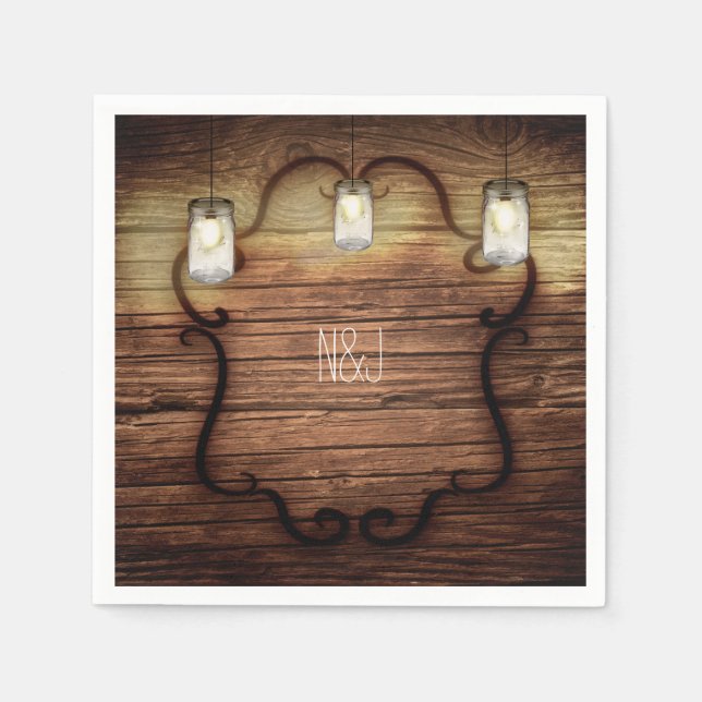 Serviette En Papier Mariage en bois rustique de campagne et pots Mason (Devant)