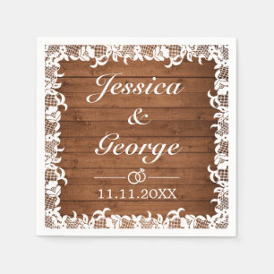 Serviette En Papier Mariage en bois rustique et dentelle blanche