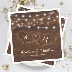 Serviette En Papier Mariage en Bois Sculpté de Style Rustique au Coeur