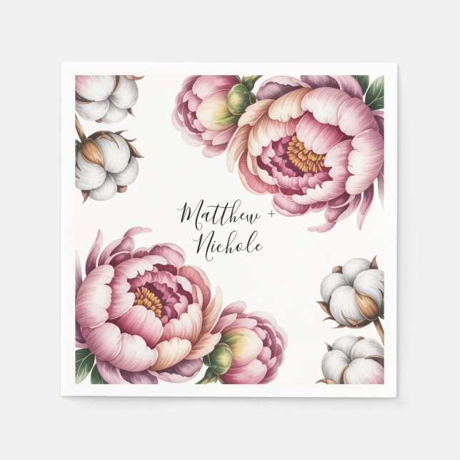Serviette En Papier Mariage en coton rose et blanc (Devant)