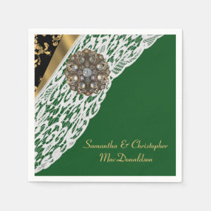 Serviette En Papier Mariage en dentelle verte noire et or blanc