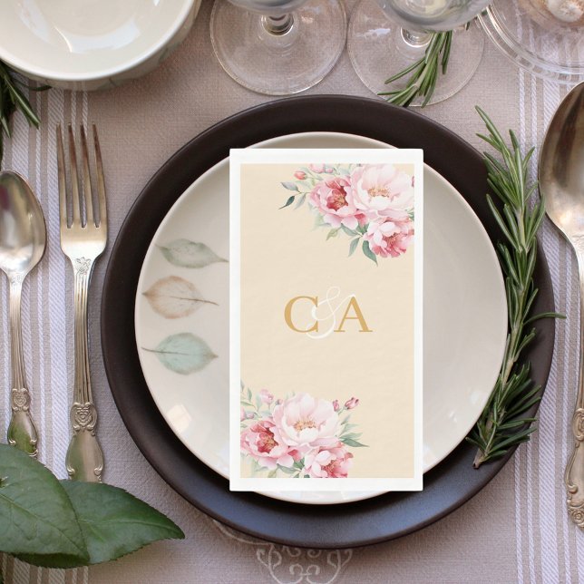 Serviette En Papier Mariage en monogramme beige rose rose pâle (Créateur téléchargé)