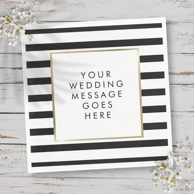 Serviette En Papier Mariage en or noir et blanc (Black and White Stripe Gold Wedding Napkins)