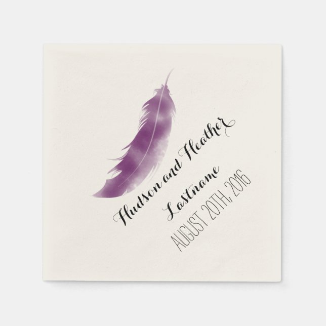 Serviette En Papier Mariage en plume violet (Devant)