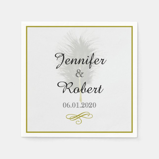 Serviette En Papier Mariage en plumes or et blanc Marabou Napkin (Devant)