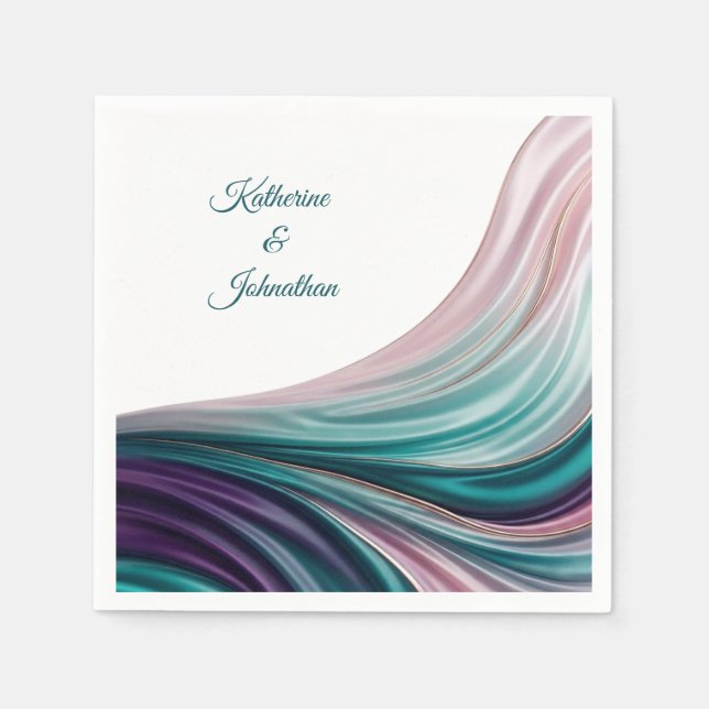 Serviette En Papier Mariage en soie sarcelle et blush (Devant)