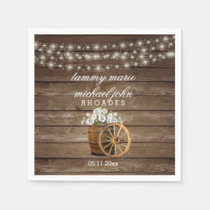 Serviette En Papier Mariage en tonneau rustique en bois avec fleurs bl