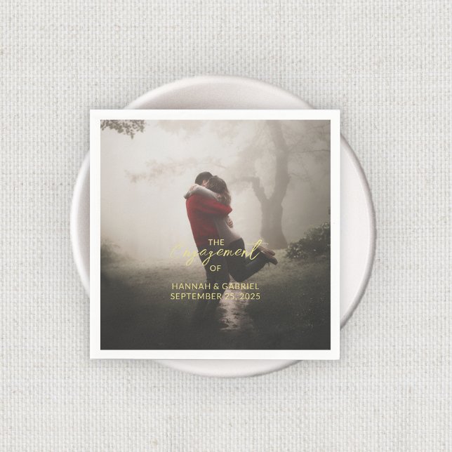 Serviette En Papier Mariage Engagement Party Ajouter une photo (Add Photo Wedding Engagement Party Napkins with gold text)