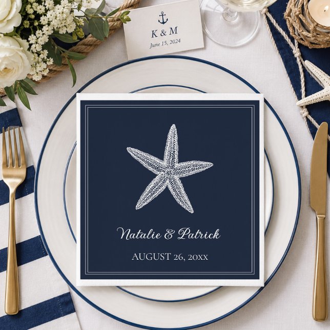 Serviette En Papier Mariage Étoile de Mer Navy (Navy Blue Starfish Wedding Napkins)