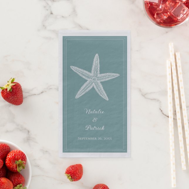 Serviette En Papier Mariage Étoile de Mer Turquoise (En situation)
