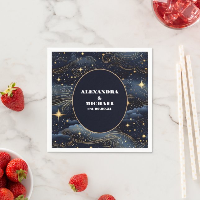Serviette En Papier Mariage Étoiles Lune Bleu Minuit Céleste (En situation)