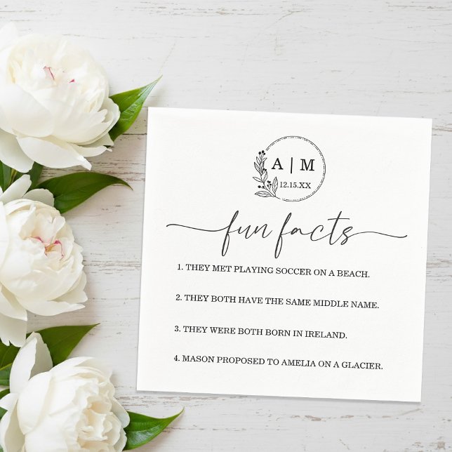 Serviette En Papier Mariage Faits Amusants Monogramme Botanique Modern (Modern Botanical Monogram Fun Facts Wedding Napkins)