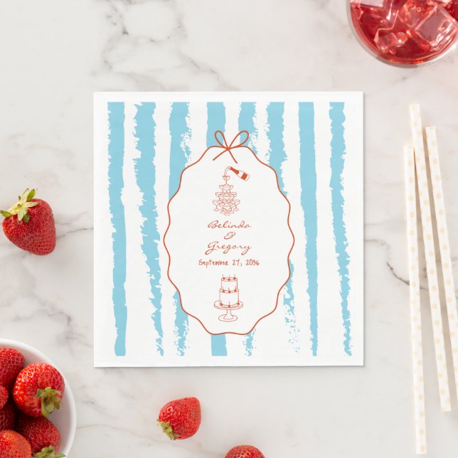 Serviette En Papier Mariage fantaisiste à rayures manuscrites et peint (En situation)