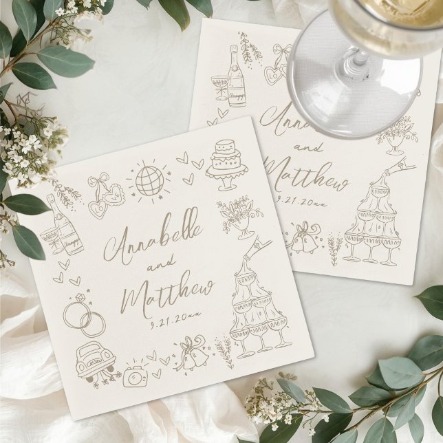 Serviette En Papier Mariage Fantaisiste Dessiné à la Main (Hand Drawn Whimsical Wedding Napkins )