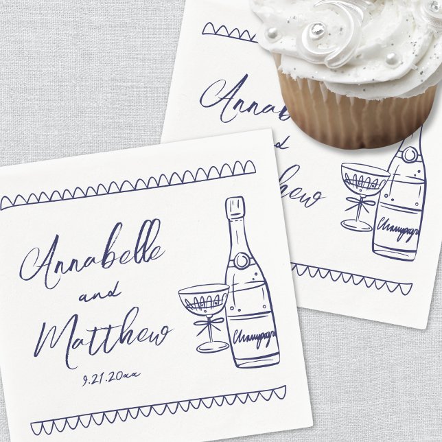 Serviette En Papier Mariage Fantaisiste Dessiné à la Main Bleu Marine (Hand Drawn Navy Blue Whimsical Wedding Napkins)
