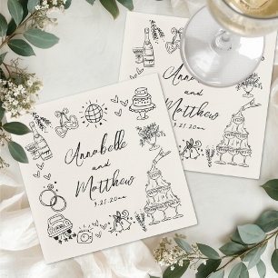 Serviette En Papier Mariage Fantaisiste Vintage Dessiné à la Main