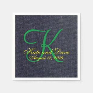 Serviette En Papier Mariage Faux Blue Jean Denim Tissu Monogramme