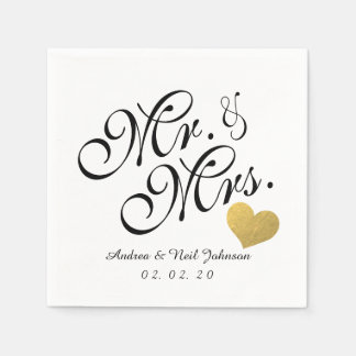 Serviette En Papier Mariage Faux Gold Foil Coeur Élégant M. et Mme.