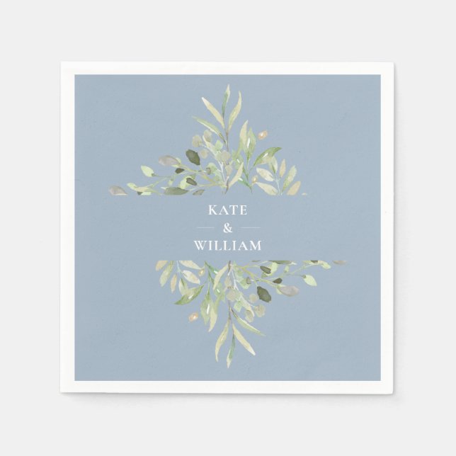 Serviette En Papier Mariage Feuillage Verdure Bleu Poussiéreux (Devant)
