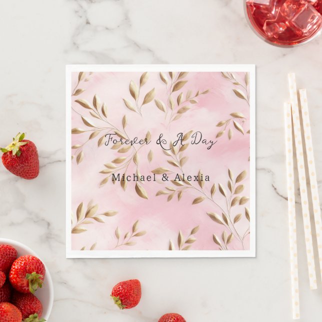 Serviette En Papier Mariage Feuille Blush Pink Gold (En situation)