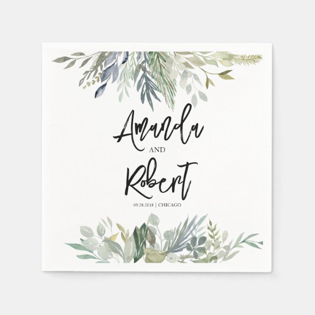 Serviette En Papier Mariage Feuille d'aquarelle verte (Devant)