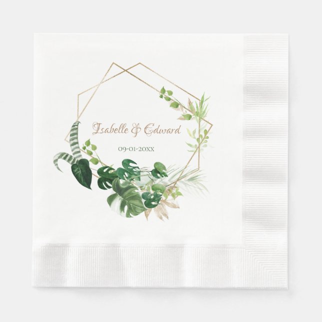 Serviette En Papier Mariage Feuille de Palme Tropical Vert Géométrique (Devant)