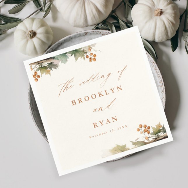 Serviette En Papier Mariage Feuilles de Verdure Rustique d'Automne (Rustic fall wedding napkins.)