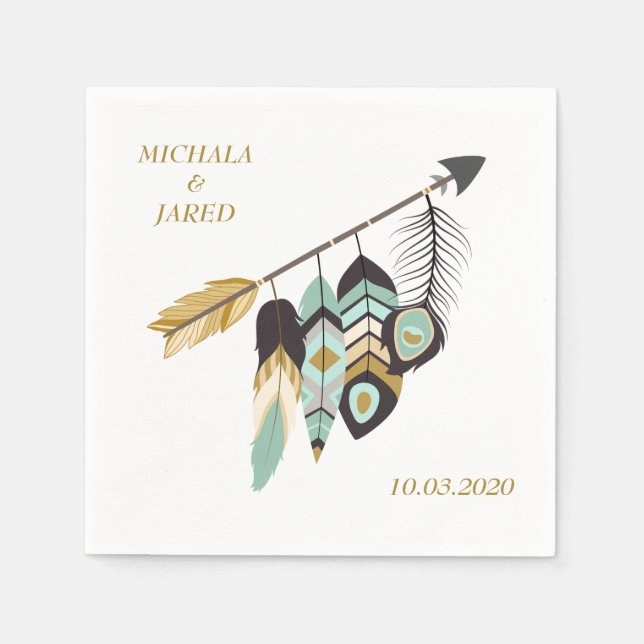 Serviette En Papier Mariage Flèche en plumes turquoises (Devant)
