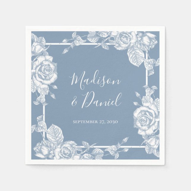 Serviette En Papier Mariage Fleur Bleu Poussiéreux (Devant)