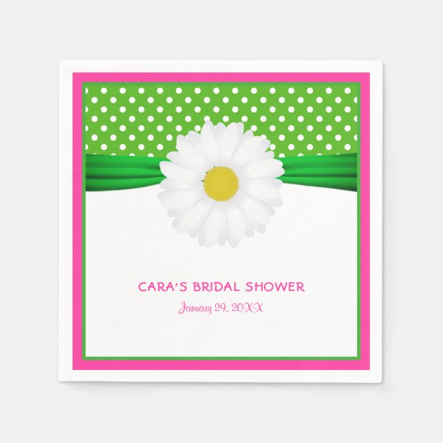 Serviette En Papier Mariage Fleur de Daisy Rose Chaud et Points Verts (Devant)