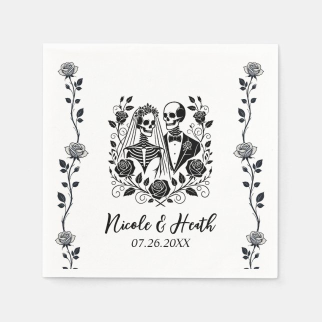 Serviette En Papier Mariage Fleur de Rose de Squelette Noir et Blanc  (Devant)