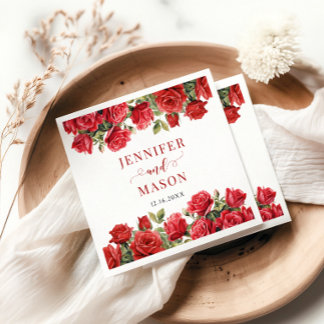 Serviette En Papier Mariage Fleur de Rose Rouge Bourgogne Mariée Marié