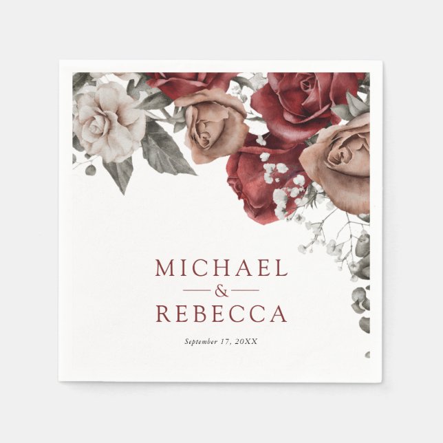 Serviette En Papier Mariage Fleur de Roses Rouge Bourgogne (Devant)