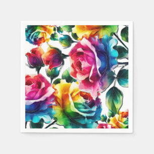 Serviette En Papier Mariage Fleur Floral Vibrant Roses Arc-en-ciel Noi