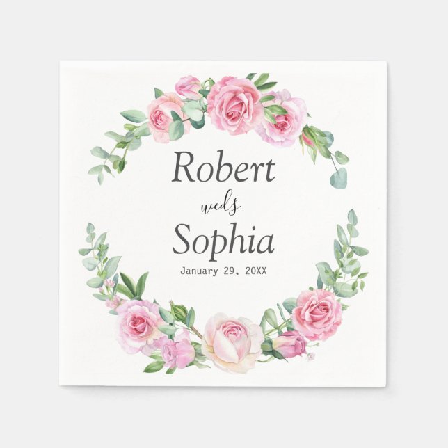 Serviette En Papier Mariage Fleur Rose Blush (Devant)