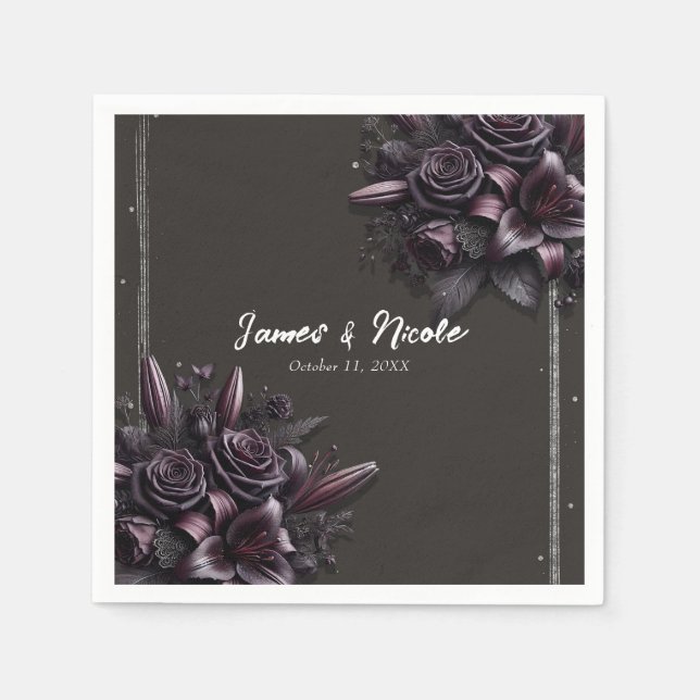Serviette En Papier Mariage Fleur Rose Lily Pourpre & Noir Baie (Devant)