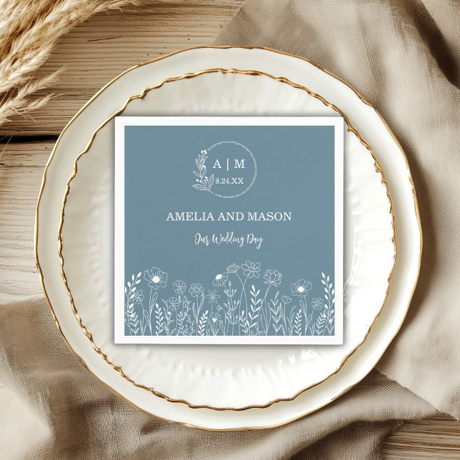 Serviette En Papier Mariage Fleur sauvage bleu Dusty (Dusty Blue Wildflower Paper Wedding Napkins)