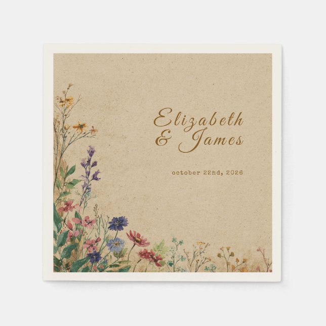Serviette En Papier Mariage Fleur sauvage Boho rustique frontière beig (Devant)