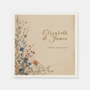 Serviette En Papier Mariage Fleur sauvage Boho rustique frontière beig