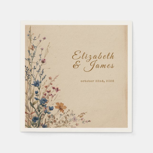 Serviette En Papier Mariage Fleur sauvage Boho rustique frontière beig (Devant)