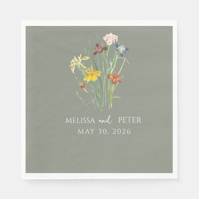 Serviette En Papier Mariage Fleur sauvage Elegant Boho | Sage Green (Devant)