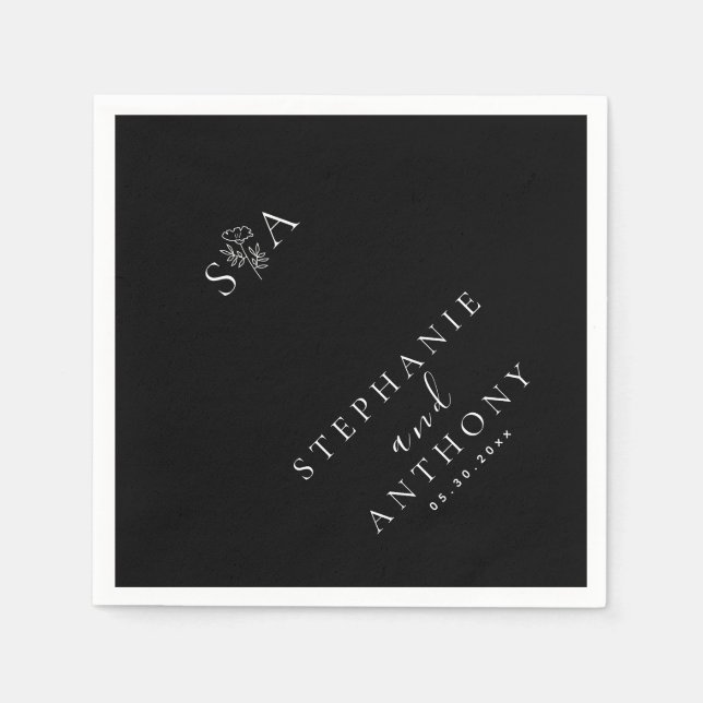 Serviette En Papier Mariage Fleur sauvage noir et blanc Monogramme (Devant)