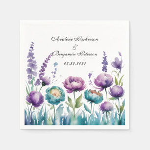 Serviette En Papier Mariage Fleur sauvage turquoise et violette