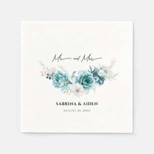Serviette En Papier Mariage Fleurie Vert Émeraude Poussiéreux Blanc