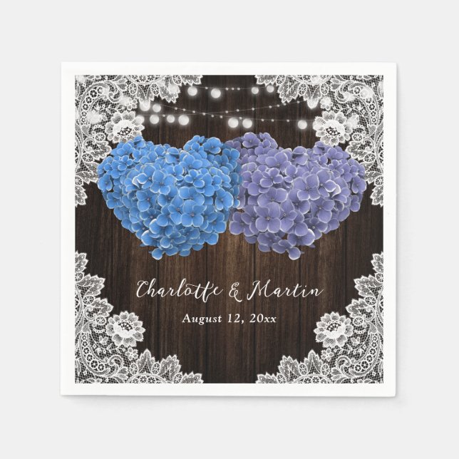 Serviette En Papier Mariage Fleuris Bois de Hydrangea Bleu Violet (Devant)