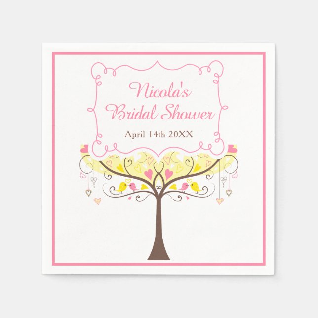 Serviette En Papier Mariage Fleuris Oiseau Rose Jaune  (Devant)