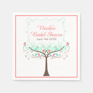 Serviette En Papier Mariage Fleuris Oiseaux Menthe et Corail